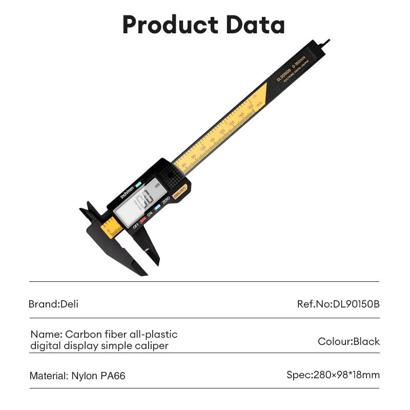 Deli Tool Digital Caliper 150mm Simple Black Handle Precision Measurement Tool