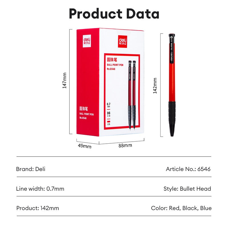 Deli Ballpoint Pen 0.7mm Smooth Writing Ballpen Black/Blue/Red Color Office Pens 6546