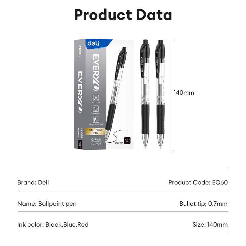 Deli 0.7mm Push Ballpoint Pen-ballpoint Pen Bullet Tip EQ60