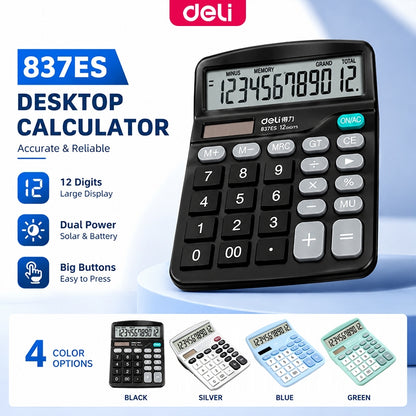 Deli 837ES Portable Desktop Electronic Calculator |12-Digit Large LCD Display Scientific Calculator