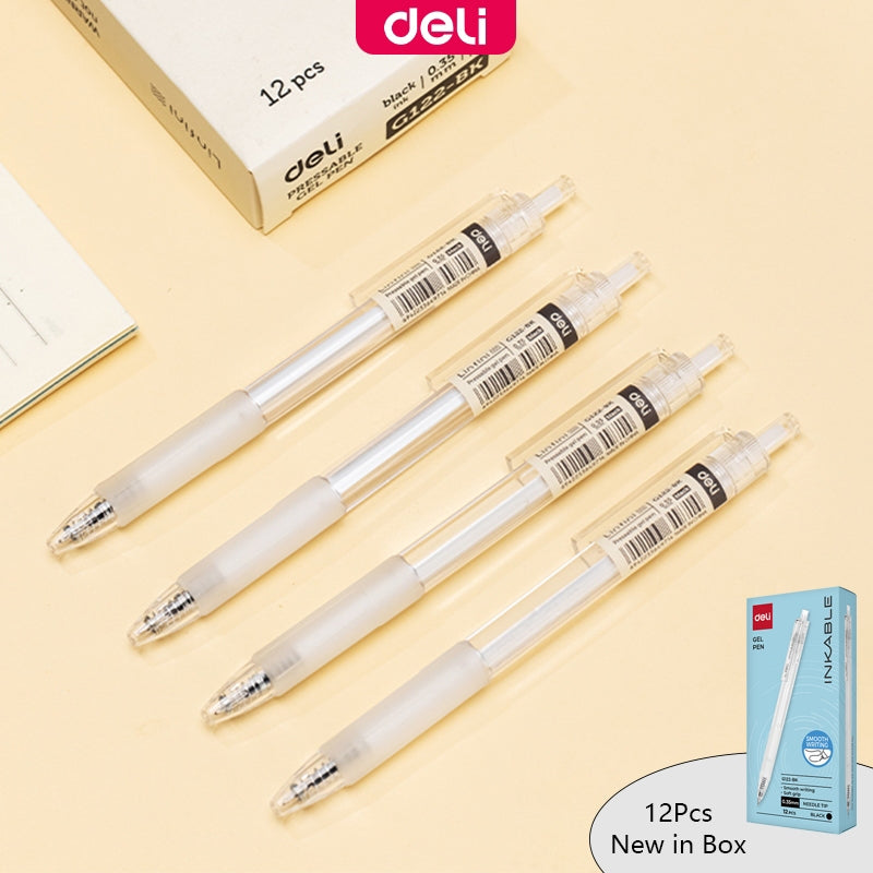 Deli A122 12Pcs Press Gel Pen 0.35mm Quick-Drying Black Writing Ballpen For School Office Supplies