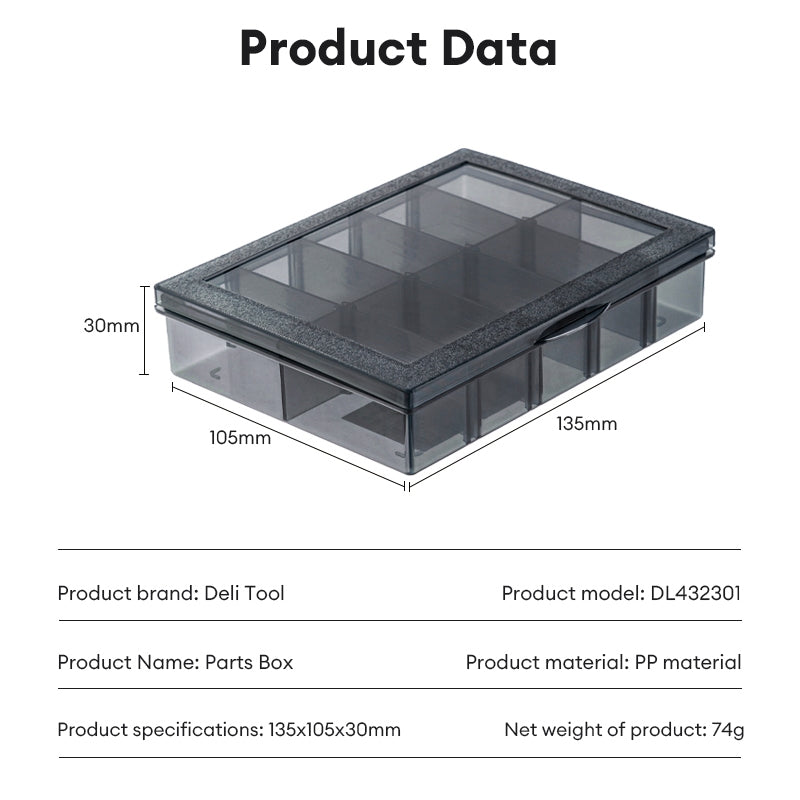 Deli Tools Black 10 Grids Parts Boxes Detachable Grid Storage Box Compartment PP Plastic Organizer
