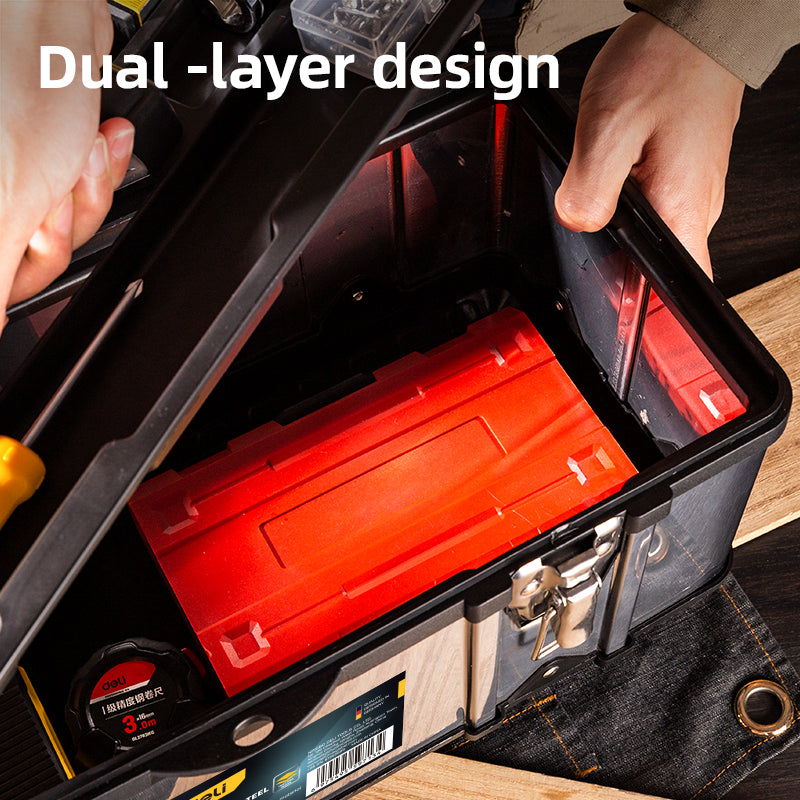 Deli Tool Storage Box 17/20inch Multi-layer Stainless Portable Heavy Duty Tool Box Organizer