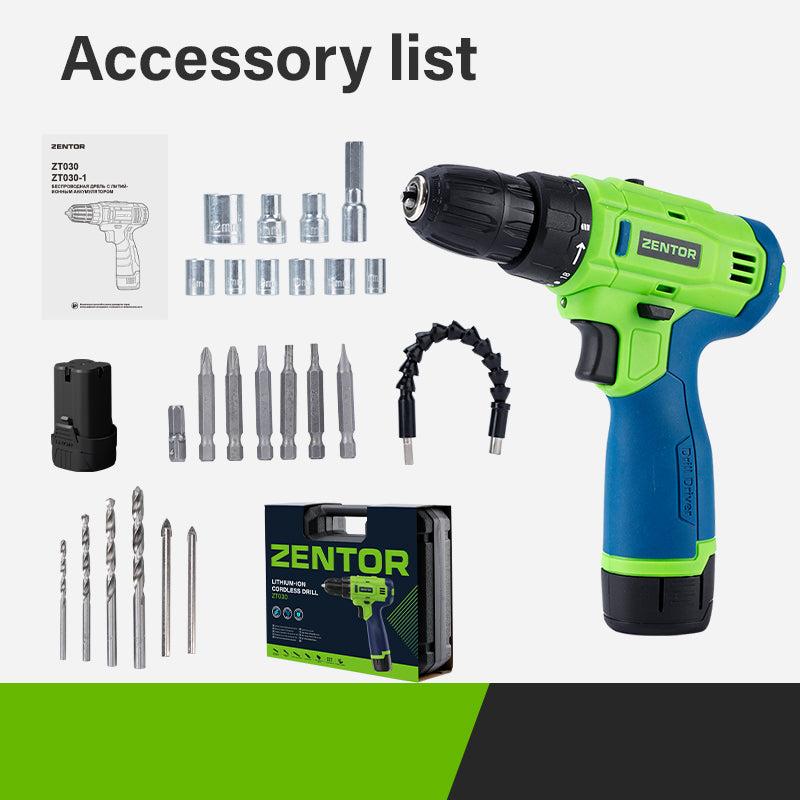 Deli ZENTOR 12V Lithium-ion Cordless Drill Portable Cordless Electric Drill Set with LED Light