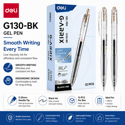 Deli A122 12Pcs Press Gel Pen 0.35mm Quick-Drying Black Writing Ballpen For School Office Supplies