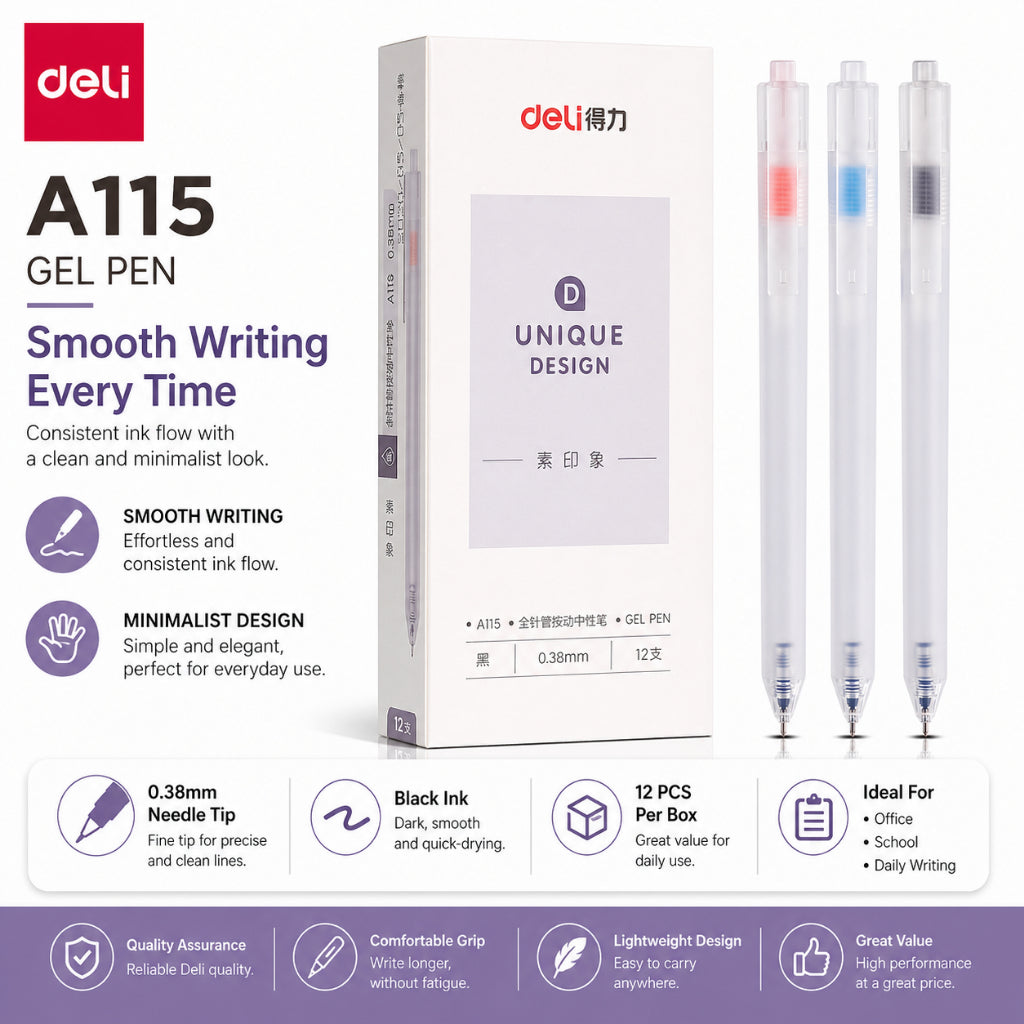 Deli A122 12Pcs Press Gel Pen 0.35mm Quick-Drying Black Writing Ballpen For School Office Supplies