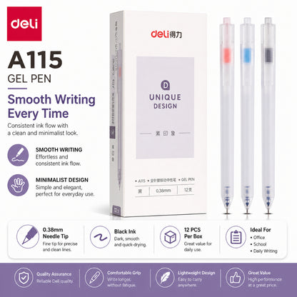 Deli A122 12Pcs Press Gel Pen 0.35mm Quick-Drying Black Writing Ballpen For School Office Supplies